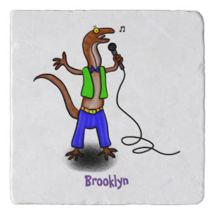 Funny lizard singing with microphone cartoon trivet