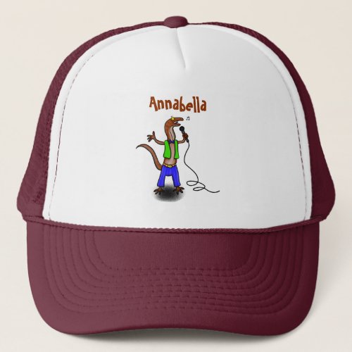 Funny lizard singing with microphone cartoon trucker hat