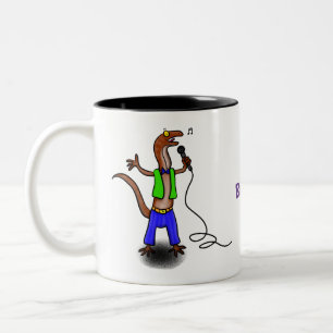 Funny lizard singing with microphone cartoon Two-Tone coffee mug