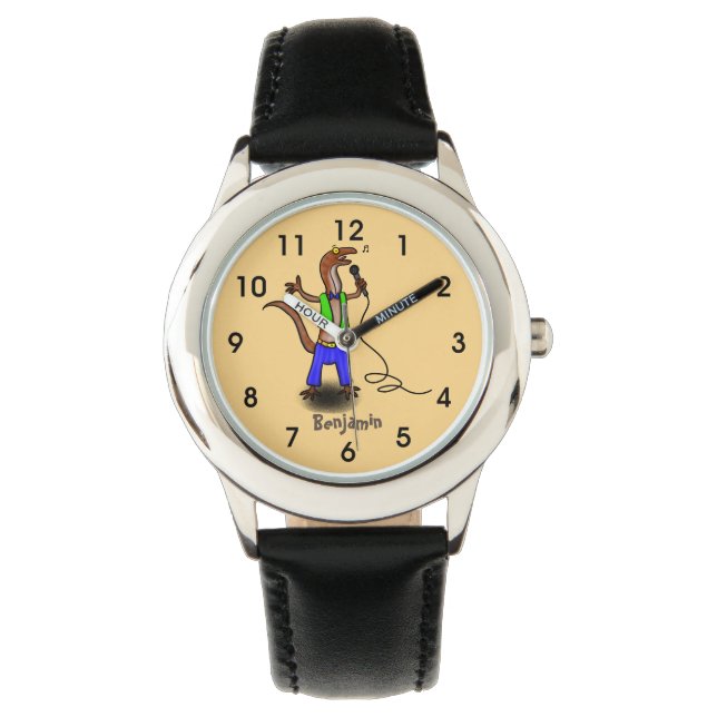 Funny lizard singing with microphone cartoon watch (Front)