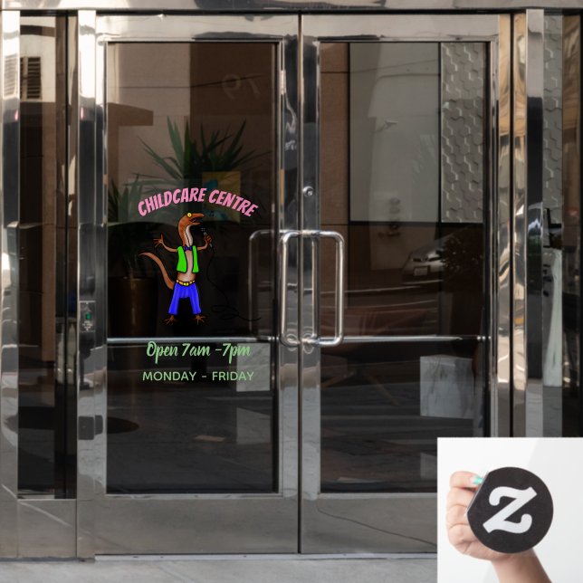 Funny lizard singing with microphone cartoon window cling (Office Door)