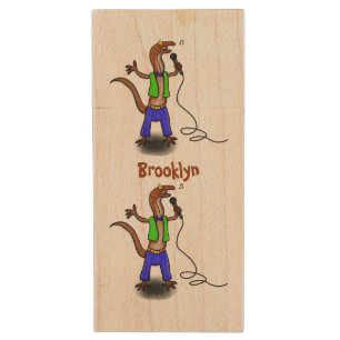 Funny lizard singing with microphone cartoon wood flash drive