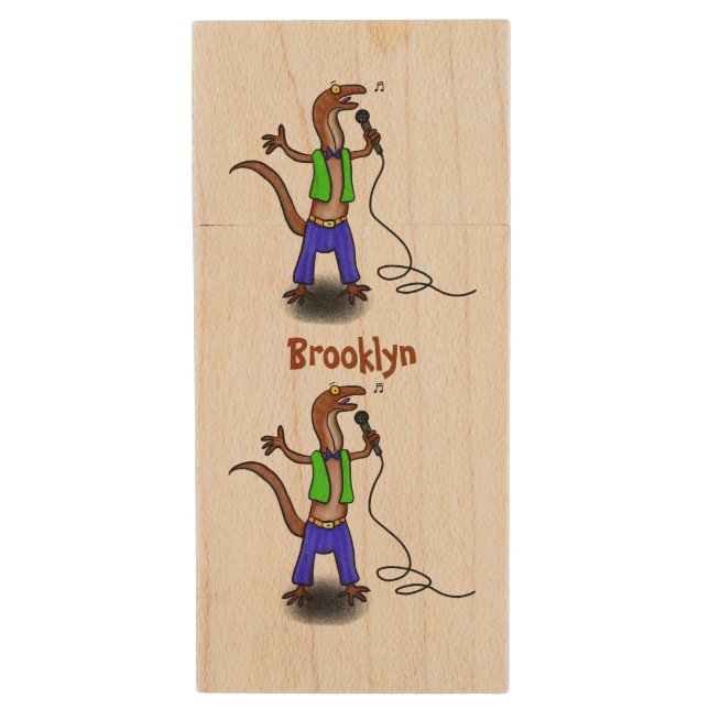Funny lizard singing with microphone cartoon wood flash drive (Front Vertical)