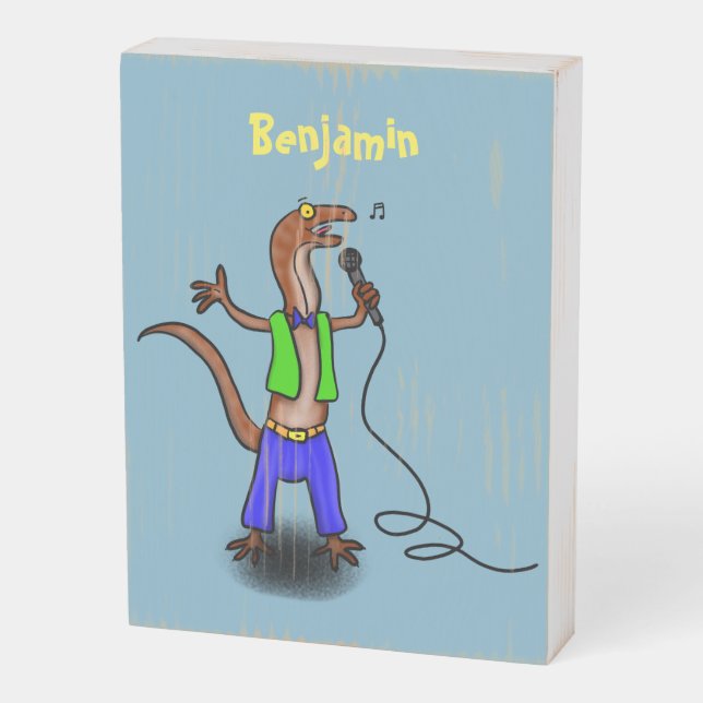 Funny lizard singing with microphone cartoon wooden box sign (Angled Vertical)