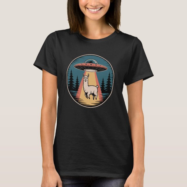 Funny Llama Alien Abduction UFO T-Shirt (Front)