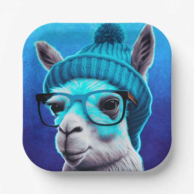 Funny Llama Alpaca Cute Animals Beanie Hat Glasses Paper Plates (Front)