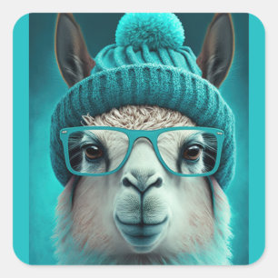 Funny Llama Alpaca Cute Animals Beanie Hat Glasses Square Sticker