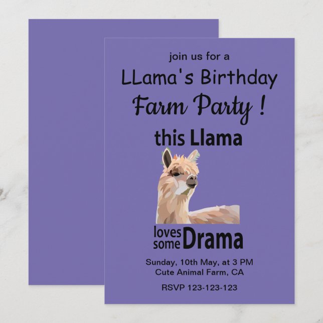 Funny Llama Animal Birthday Farm Party Invitation (Front/Back)