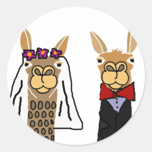 Funny Llama Bride and Groom Wedding Art Classic Round Sticker