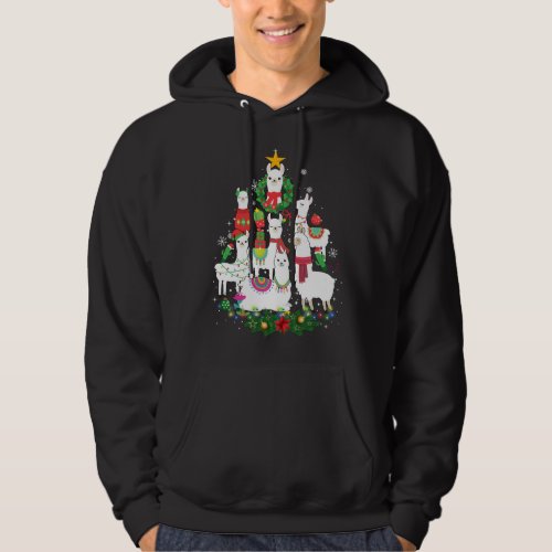 Funny Llama Christmas Tree Alpaca Xmas Lights Holi Hoodie