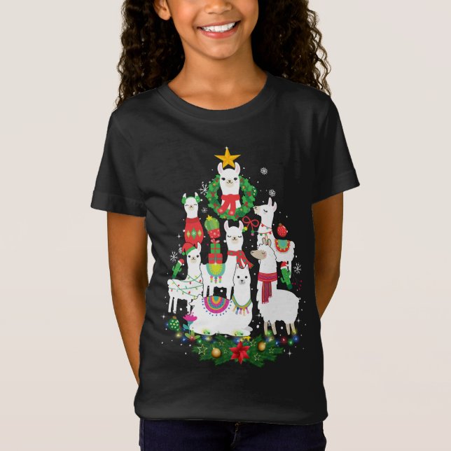 Funny Llama Christmas Tree Alpaca Xmas Lights Holi T-Shirt (Front)