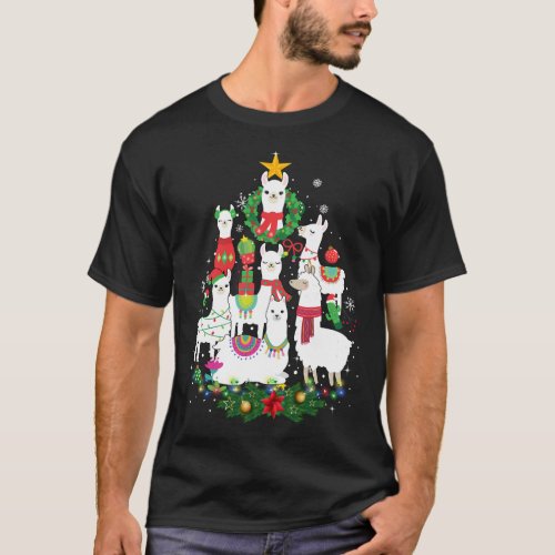 Funny Llama Christmas Tree Alpaca Xmas Lights Holi T_Shirt