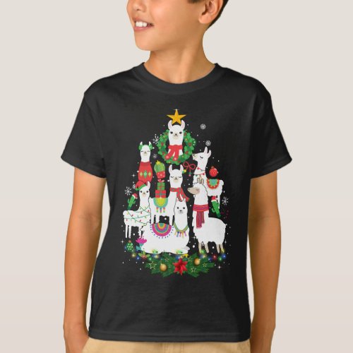 Funny Llama Christmas Tree Alpaca Xmas Lights Holi T_Shirt