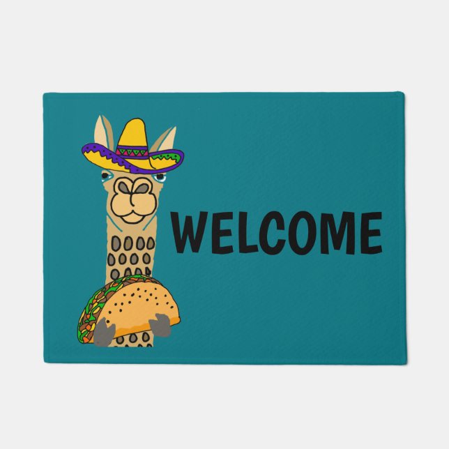 Funny Llama eating Taco Cartoon Doormat (Front)