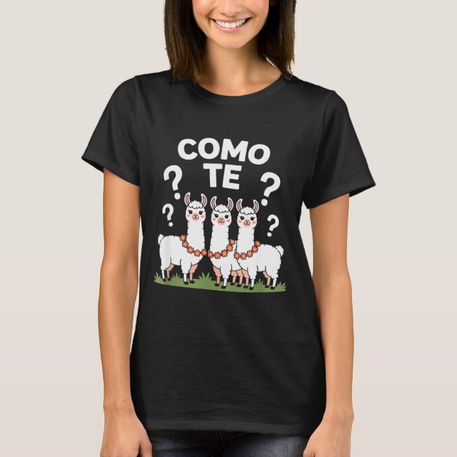 Funny llama flower garland como te question mark F T-Shirt (Front)