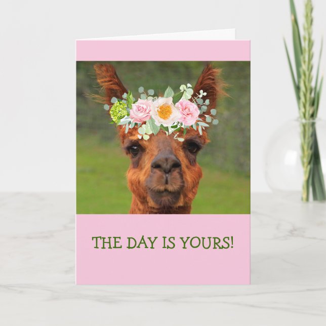 Funny Llama Flower Tiara Crown Birthday Card (Front)
