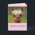 Funny Llama Flower Tiara Crown Birthday Card<br><div class="desc">Fun silly card featuring a boho chic llama. Personalize the messages and have a good time! Photo ©Christine Greenspan. Licensed flower graphics.</div>