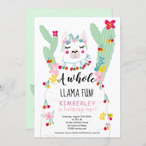 Funny llama fun cactus illustration 1st birthday invitation