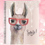 Funny Llama Girly Pink Glitter Notebook<br><div class="desc">Fun and girly champagne pink. Faux glitter and sparkle along with a cute llama. Have fun writing down your gratitude's,  writing in a journal,  drawing or keeping school lecture notes with this fun watercolor llama. Design on front and back. Remember to smile!</div>
