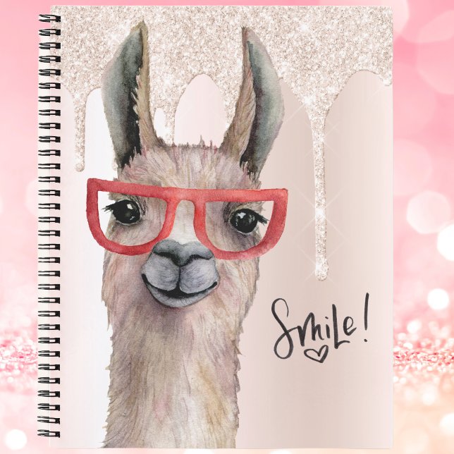Funny Llama Girly Pink Glitter Notebook (Fun Llama with faux glitter. Perfect for school, home or office. Cute!)