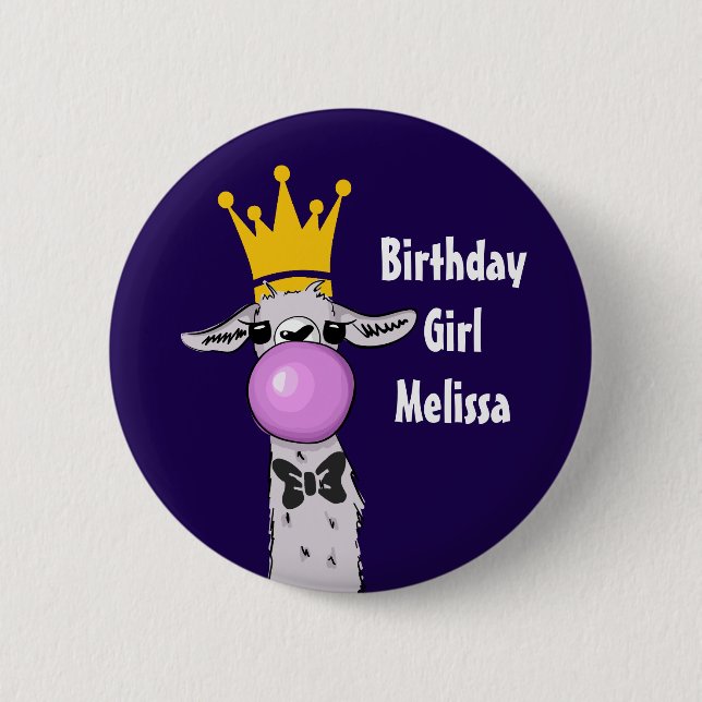Funny Llama Illustration Birthday Girl Button (Front)