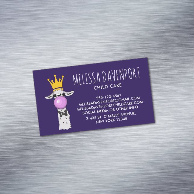 Funny Llama Illustration Blowing a Pink Bubble Business Card Magnet (In Situ)