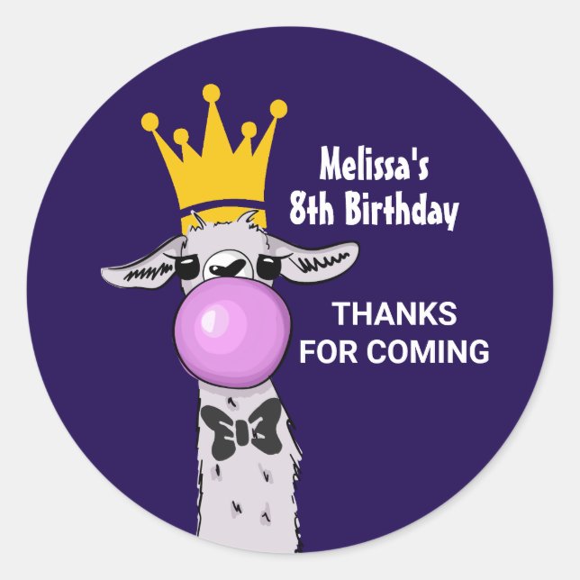 Funny Llama Illustration Blowing a Pink Bubble Classic Round Sticker (Front)