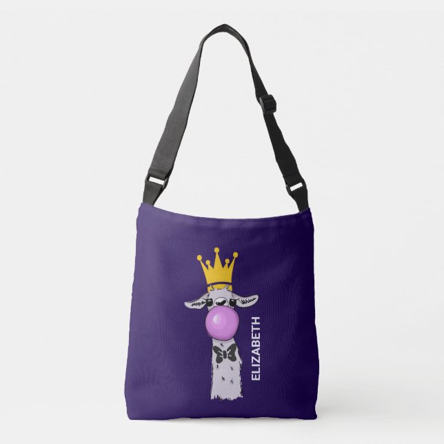 Funny Llama Illustration Blowing a Pink Bubble Crossbody Bag (Front)