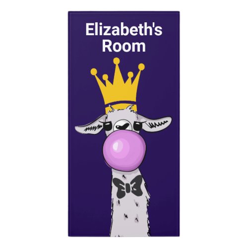 Funny Llama Illustration Blowing a Pink Bubble Door Sign