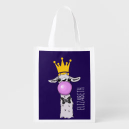 Funny Llama Illustration Blowing a Pink Bubble Grocery Bag