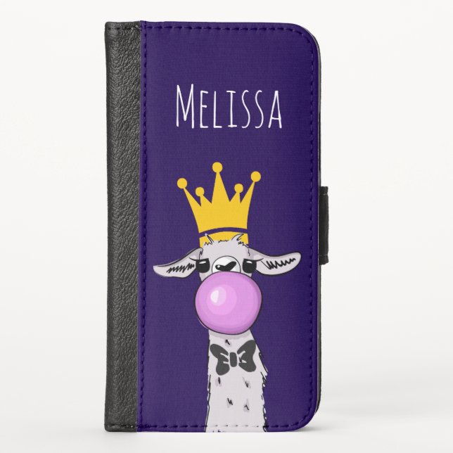 Funny Llama Illustration Blowing a Pink Bubble iPhone Wallet Case (Front)