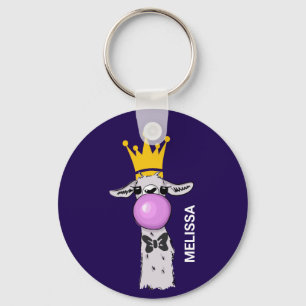 Funny Llama Illustration Blowing a Pink Bubble Keychain