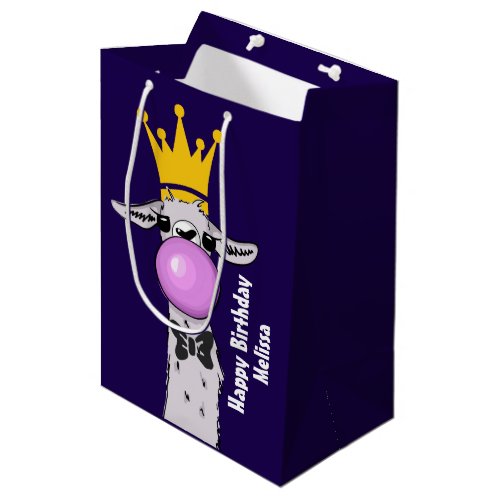 Funny Llama Illustration Blowing a Pink Bubble Medium Gift Bag