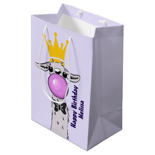 Funny Llama Illustration Blowing a Pink Bubble Medium Gift Bag