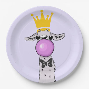 Funny Llama Illustration Blowing a Pink Bubble Paper Plates