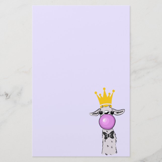 Funny Llama Illustration Blowing a Pink Bubble Stationery (Front)