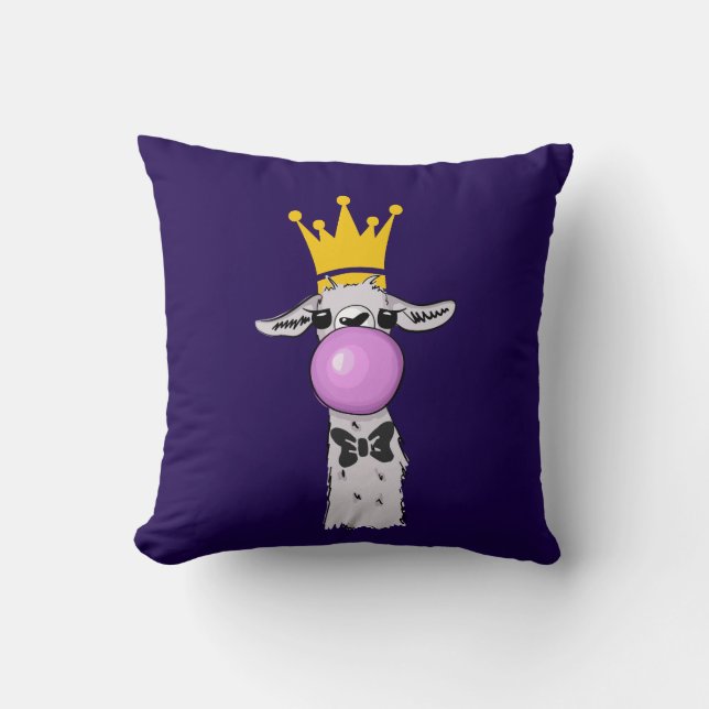 Funny Llama Illustration Blowing a Pink Bubble Throw Pillow (Front)
