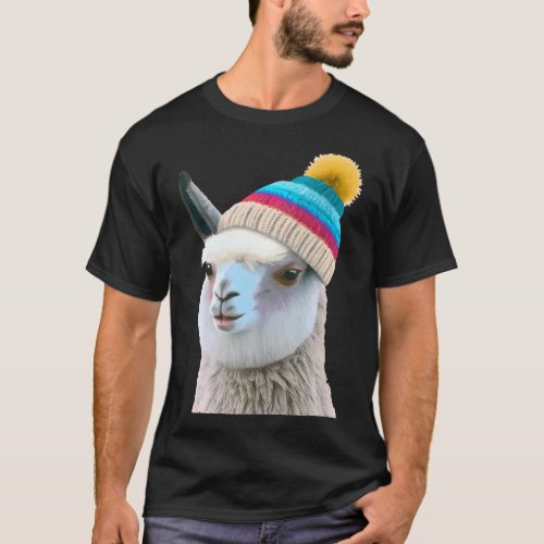 Funny Llama in Beanie Pop Art Character Humor T_Shirt