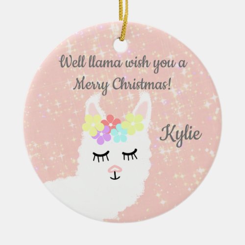 Funny Llama Pastel Pink Merry Christmas Ceramic Ornament