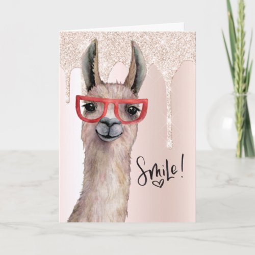 Funny Llama Pink Glitter Thank You Card