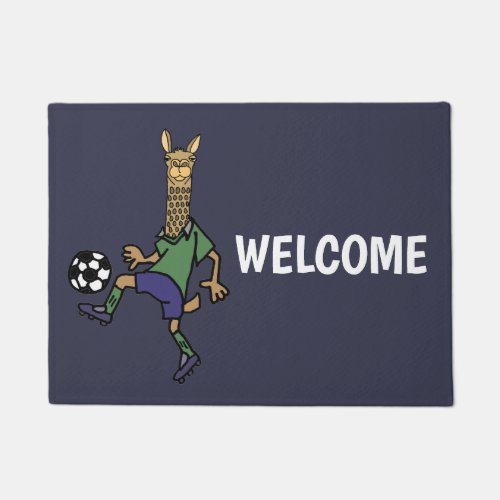 Funny Llama Playing Soccer Cartoon Doormat