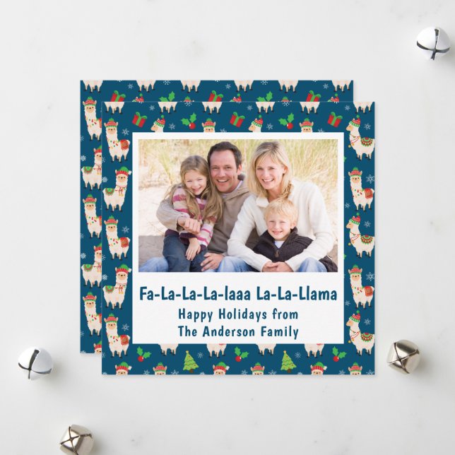 Funny Llama Pun Photo Holiday Card (Front/Back In Situ)