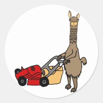 Funny Llama Pushing Lawn Mower Cartoon Classic Round Sticker by tickleyourfunnybone at Zazzle
