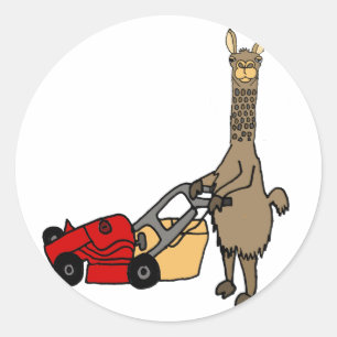 Funny Llama Pushing Lawn Mower Cartoon Classic Round Sticker