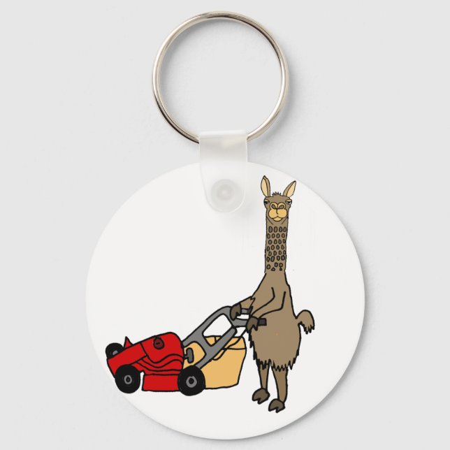 Funny Llama Pushing Lawn Mower Cartoon Keychain (Front)