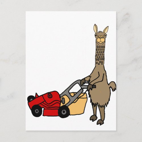 Funny Llama Pushing Lawn Mower Cartoon Postcard