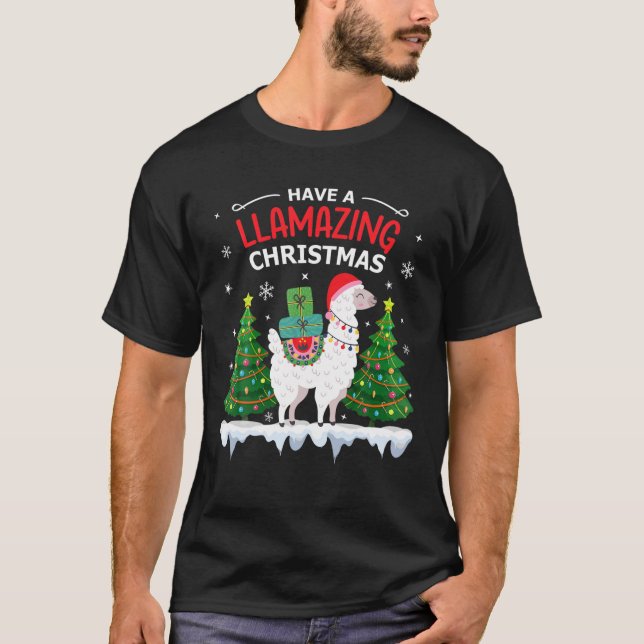 Funny Llama Santa Hat Christmas Pajamas Alpaca Lla T-Shirt (Front)