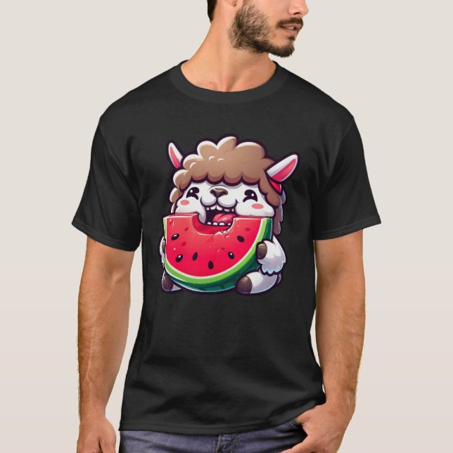 Funny llama sheep lamb with watermelon cartoon T-Shirt (Front)