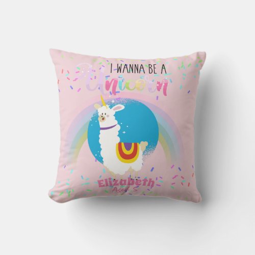Funny Llama Unicorn Alpaca Kawaii Cute Add Name Throw Pillow