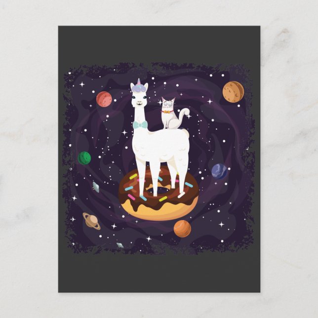 Funny Llama Unicorn with Cat on a Donut Galaxy Postcard (Front)